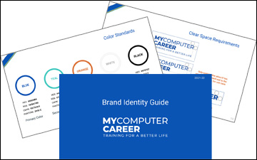 Example of unified MyComputerCareer brand style guide that includes logo, colors, fonts, writing style, and standardized documents for internal and exteral use.